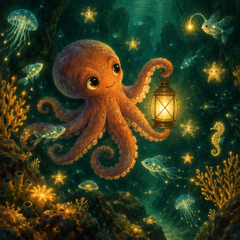 A friendly octopus holding a glowing lantern among bioluminescent sea creatures