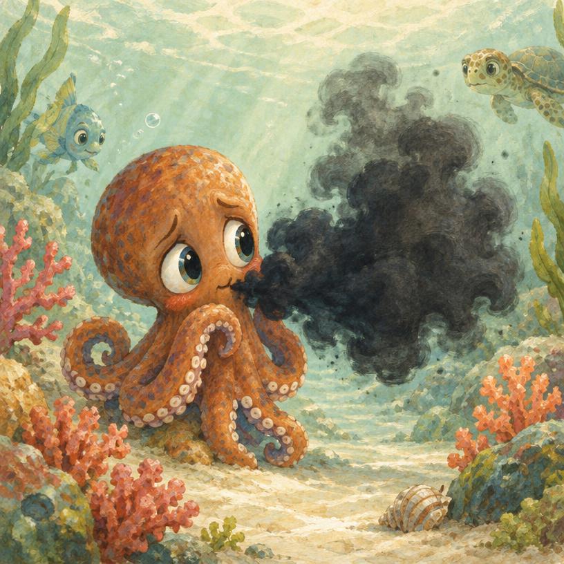 A small octopus puffing a soft ink cloud underwater, looking sheepish