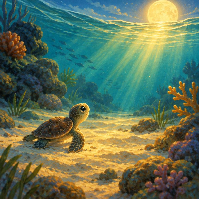 A baby sea turtle on a moonlit sandy reef looking for its family