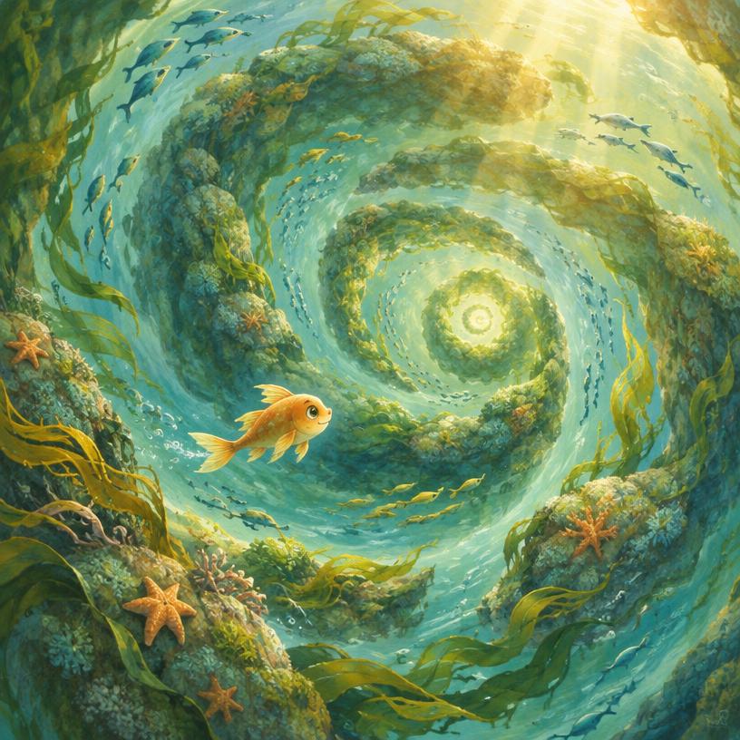 A little fish swimming through a gentle underwater whirlpool maze